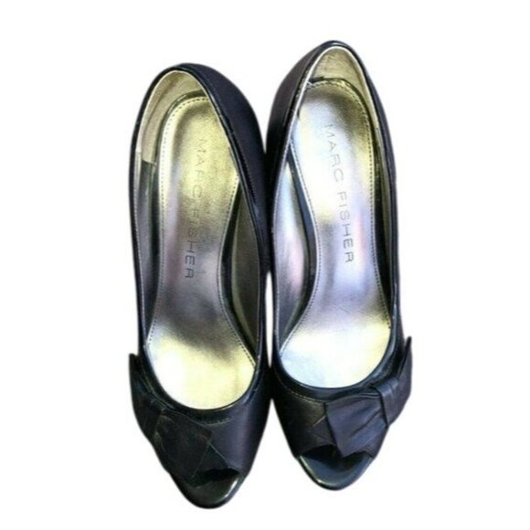 Marc Fisher Heels Sz 7 M Womens Black Peep Toe Bow 4-inch Heel MFMANILLA LEATHER - Picture 4 of 5